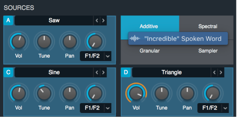 Figure. Fichier audio en cours de déplacement par glisser-déposer sur l’étiquette du quadrillage du mode d’analyse Additive de la source B.