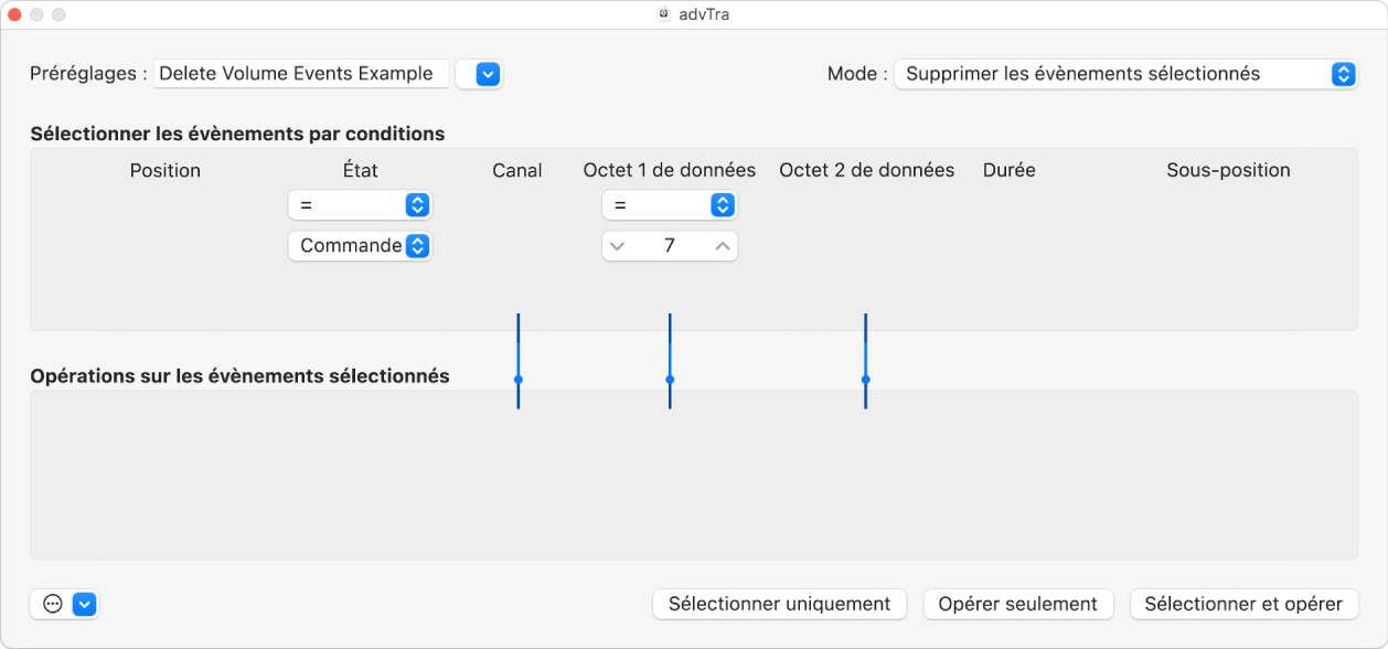 Figure. Fenêtre de transformation affichant des réglages permettant de supprimer des évènements de volume d’une région MIDI.