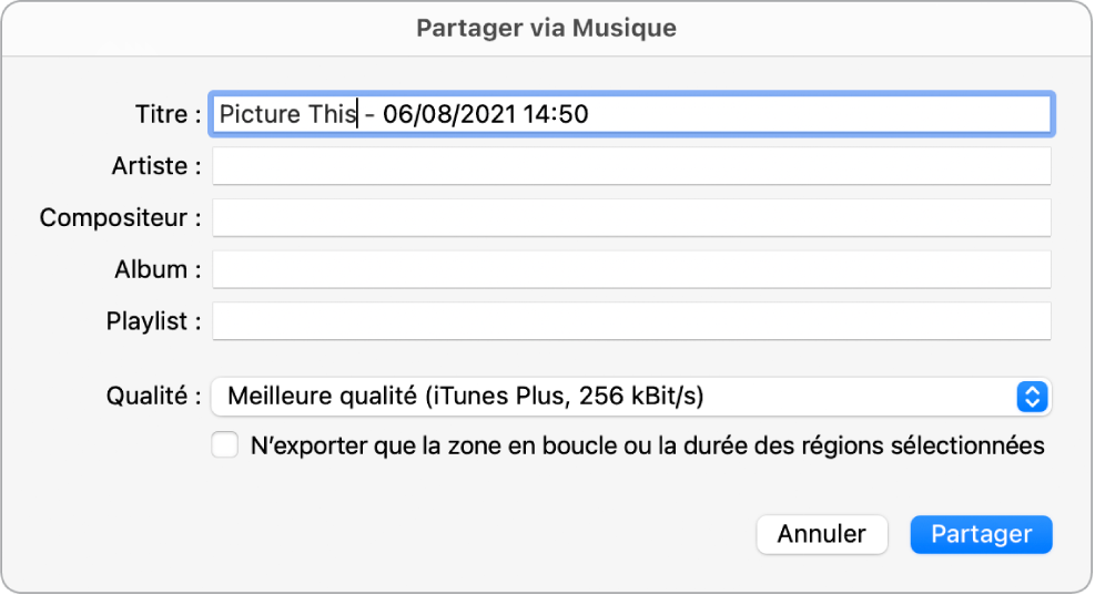 Figure. Zone de dialogue Partager via Musique.