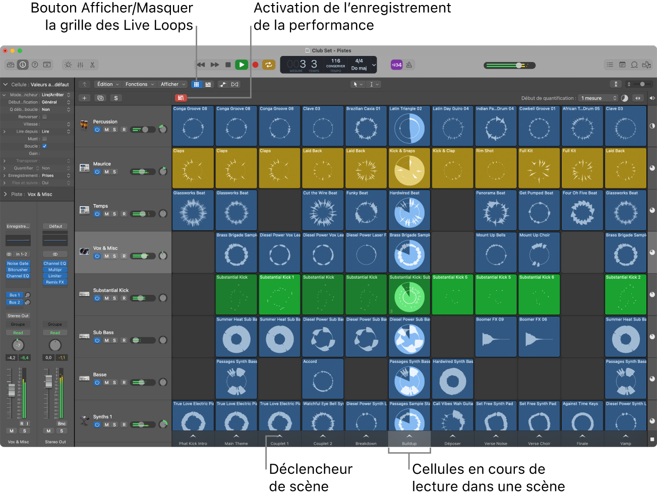 Figure. Grille des Live Loops avec des cellules en cours de lecture.