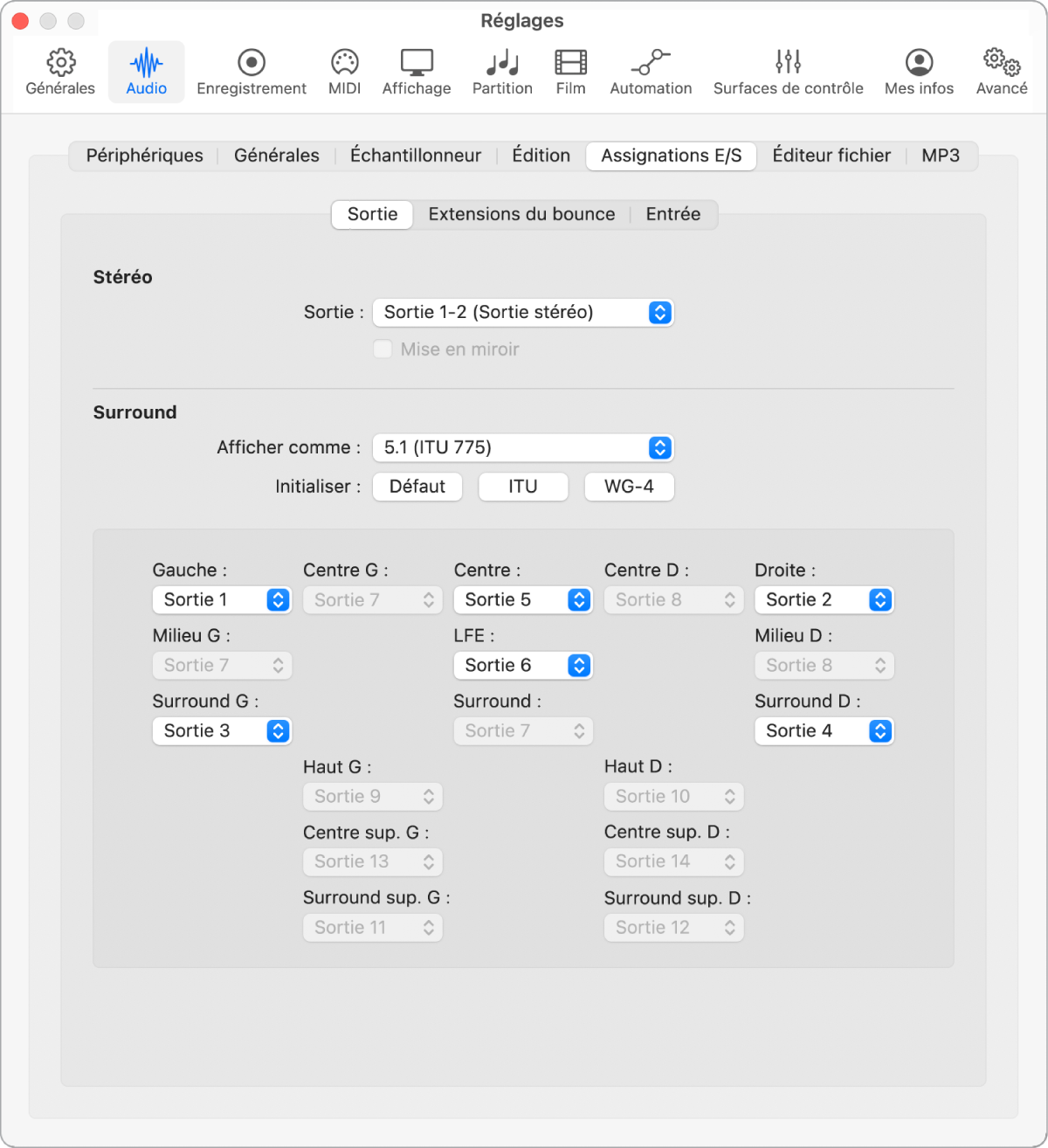 Figure. Sous-fenêtre Assignations E/S des réglages Audio.