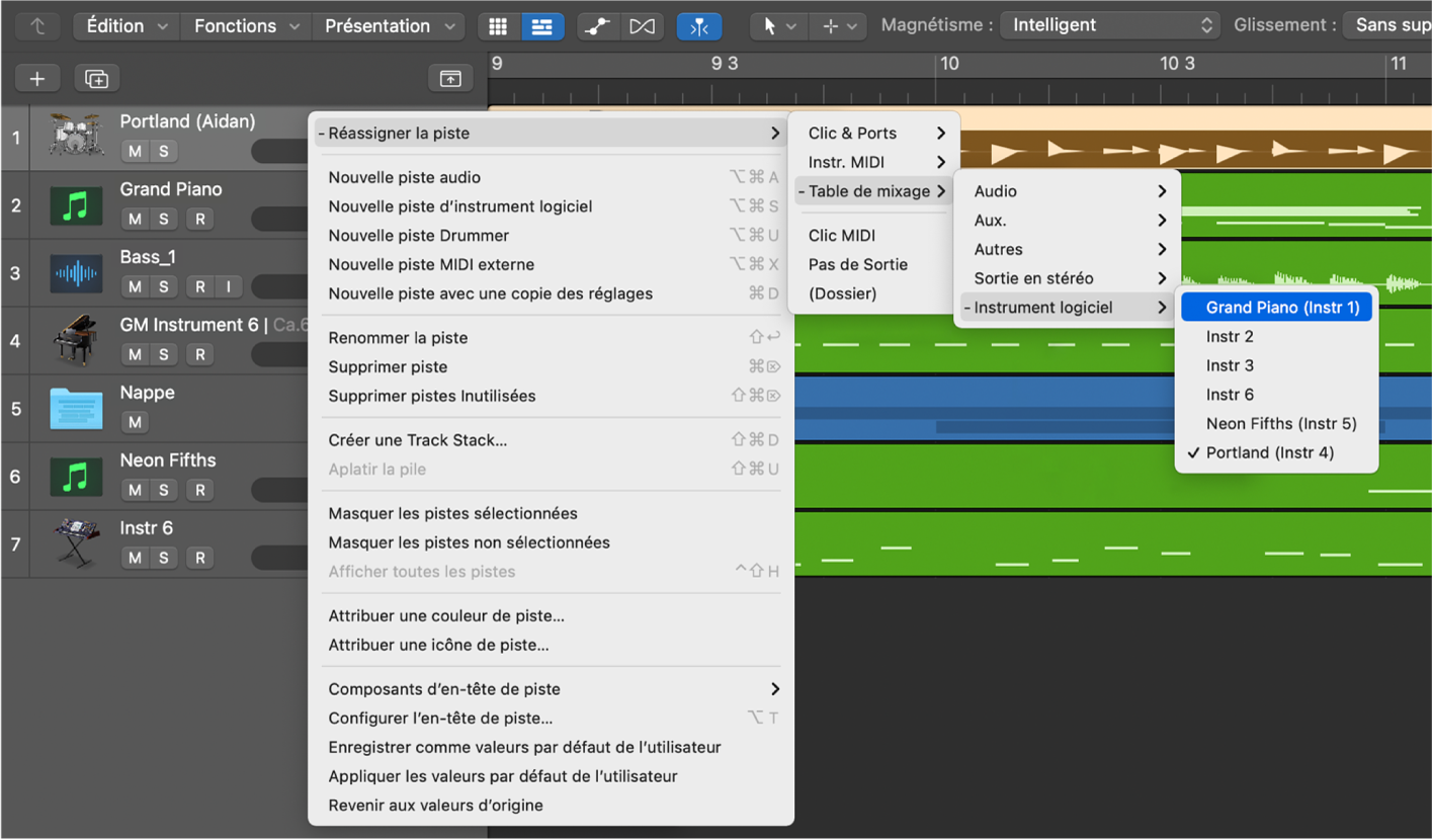 Figure. Menu contextuel Réassigner la piste, avec les destinations.