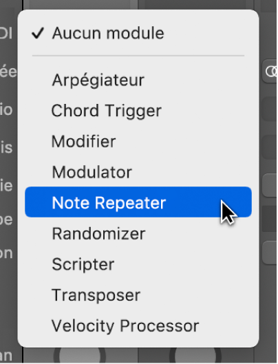 Figure. Choix d’un effet MIDI dans le menu local.