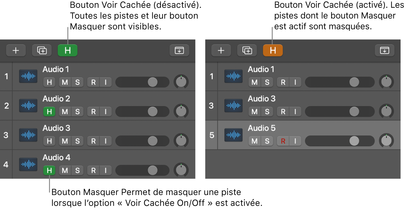 Bouton Masquer et bouton Voir Cachée On/Off.