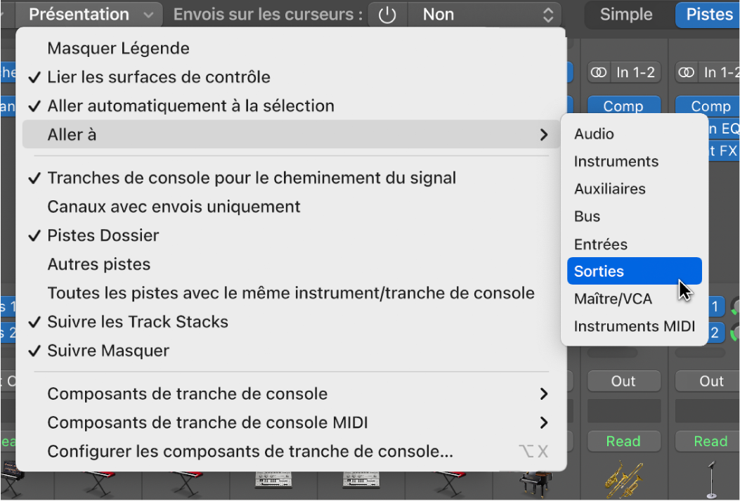 Figure. Sous-menu « Aller à » dans le menu Présentation de la table de mixage.