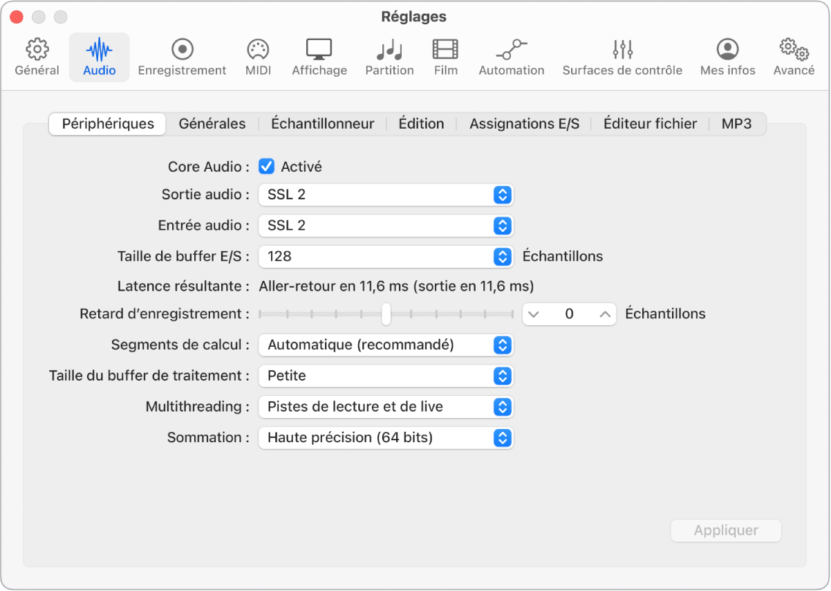 Figure. Réglages des périphériques audio.