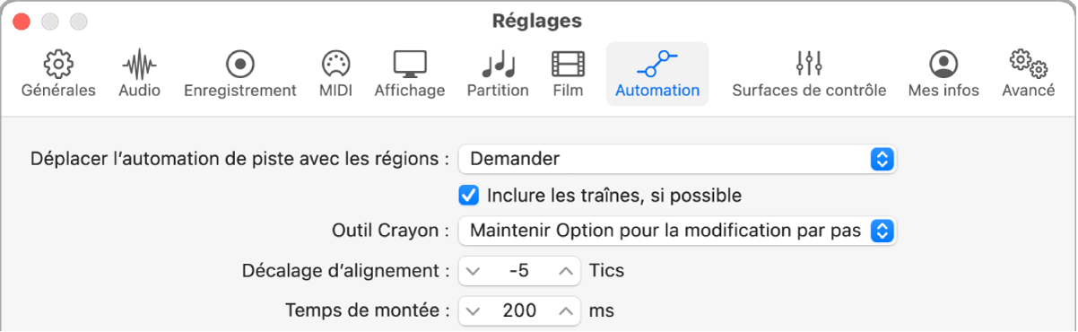 Figure. Réglages Automation.