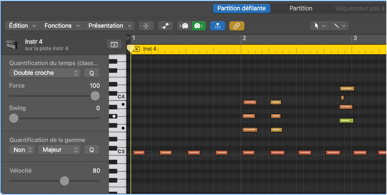 Figure. Quantification de notes dans l’éditeur de partition défilante.