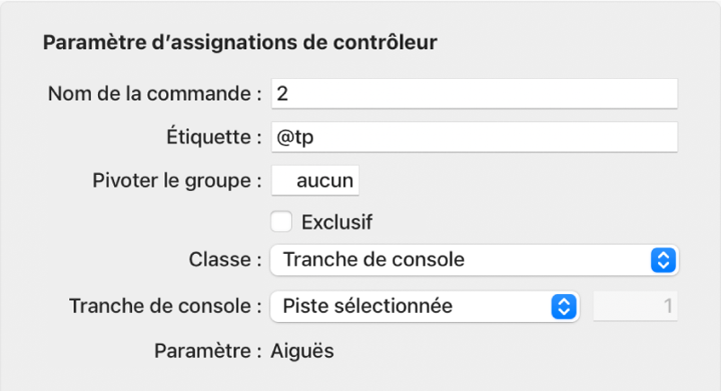 Figure. Fenêtre des assignations de contrôleur en mode de présentation Expert.