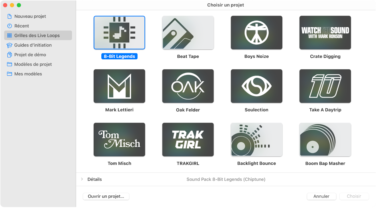 Figure. Sélecteur de projet affichant des grilles de Live Loops.