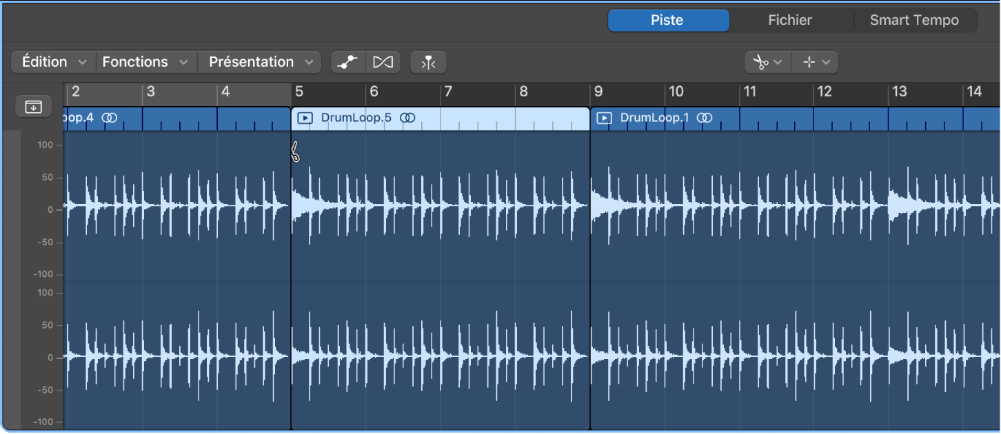 Figure. Scission d’une région dans l’éditeur de piste audio à l’aide de l’outil Ciseaux.