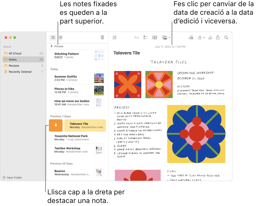 La finestra de l’app Notes, amb la llista de notes a l’esquerra, les notes destacades a la part superior de la llista de notes i el botó Destacar en una nota. El contingut d’aquesta nota apareix a la dreta, amb la data a la part superior; fes clic a la data per canviar entre la data de creació i la data de modificació.