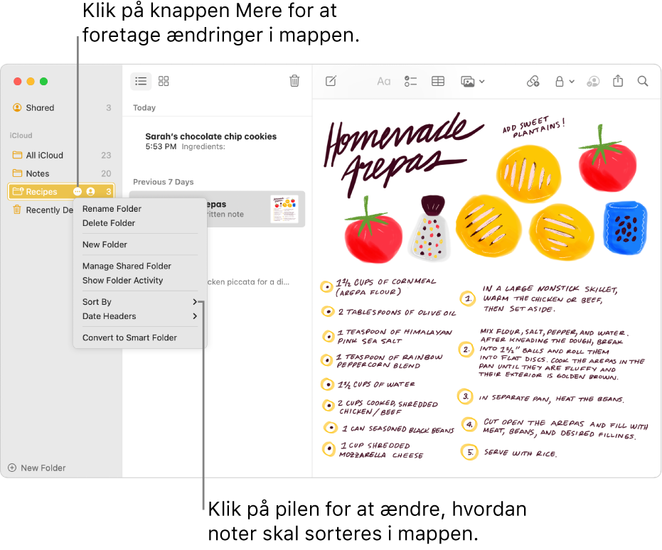 Vinduet Noter med en mappe i indholdsoversigten og knappen Mere, hvor du kan foretage ændringer af en mappe. Over listen med noter i midten findes sorteringsmuligheden, som ændrer noternes rækkefølge. Klik på pilen for at vælge en anden sorteringsrækkefølge.