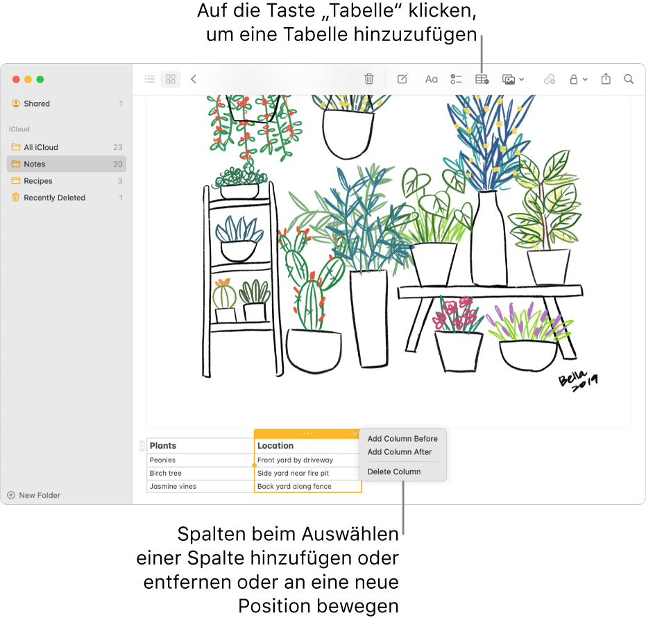 Das Fenster der App „Notizen“ mit der Taste „Tabelle“. Klicke auf diese Taste, um eine Tabelle hinzuzufügen. Im Inhalt der Notiz wird eine Tabellenspalte ausgewählt, sodass du weitere Spalten hinzufügen, vorhandene Spalten entfernen oder vorhandene Spalten an andere Positionen bewegen kannst.