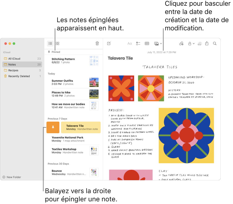 La fenêtre Notes avec la liste des notes à gauche, des notes épinglées en haut de la liste des notes et le bouton Épingler sur une note. Le contenu de cette note s’affiche sur la droite avec la date en haut ; cliquez sur la date pour basculer entre la date de création et la date de dernière modification.