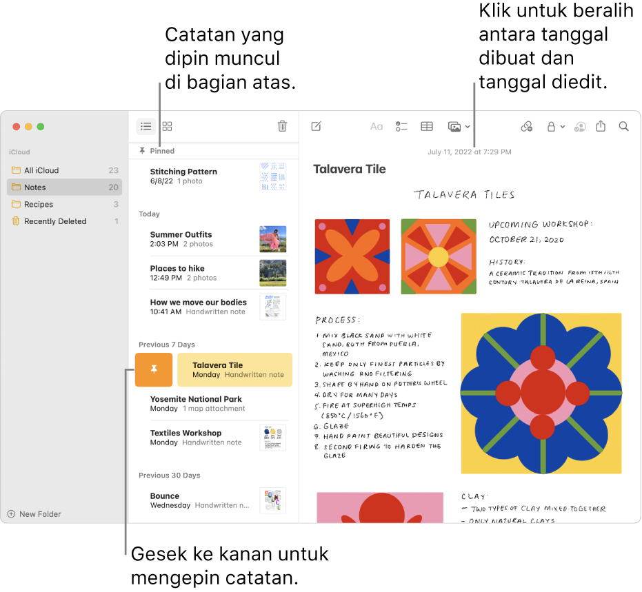 Jendela Catatan dengan daftar catatan di sebelah kiri, catatan yang dipin di bagian atas daftar catatan, dan tombol Pin pada satu catatan. Konten catatan tersebut muncul di kanan dengan tanggal di bagian atas; klik tanggal untuk beralih antara tanggal dibuat dan tanggal diedit.