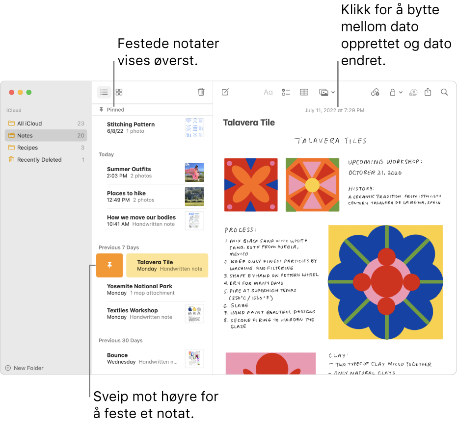Notater-vinduet med notatlisten til venstre, festede notater øverst i notatlisten, og Nål-knappen på ett notat. Innholdet til det notatet vises til høyre med datoen øverst. Klikk på datoen for å bytte mellom dato opprettet og dato redigert.