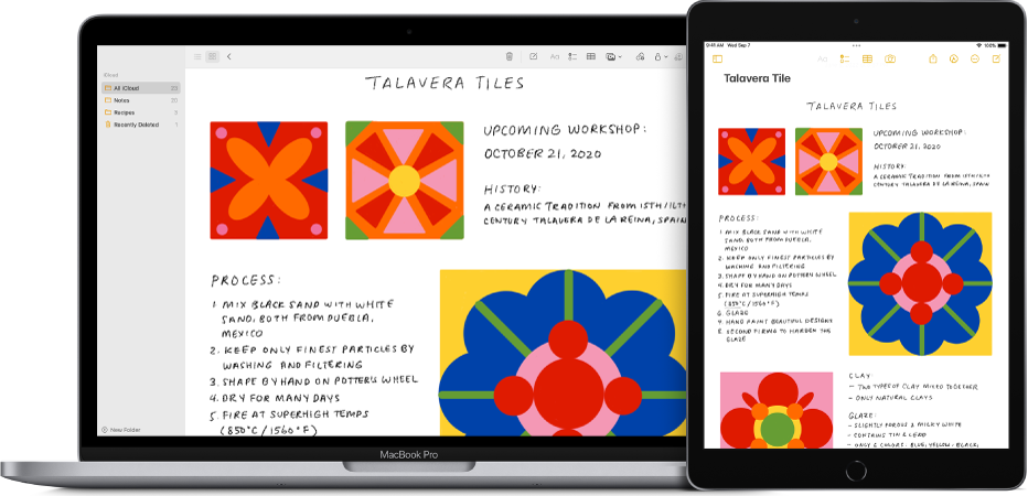 En Mac og en iPad som viser samme notat fra iCloud.