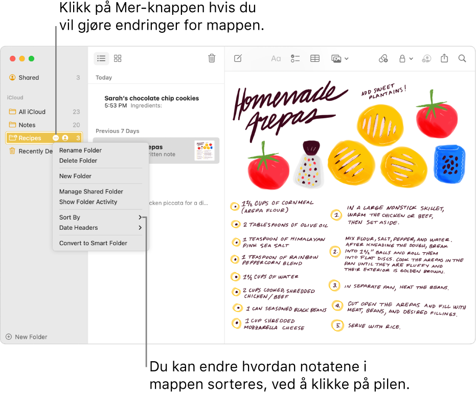 Notater-vinduet med én mappe i sidepanelet som viser Mer-knappen der du kan utføre endringer på en mappe. Over listen med notater i midten er sorteringsvalget som endrer rekkefølgen til notatene – klikk på pilen for å velge en annen sorteringsrekkefølge.