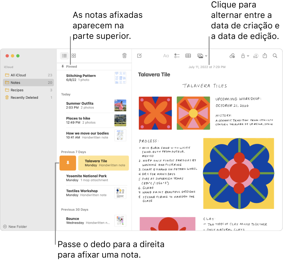 Janela do app Notas com a lista de notas à esquerda, notas fixadas na parte superior da lista de notas e o botão Fixar em uma nota. Conteúdo da nota que aparece à direita com a data na parte superior; clique na data para alterar entre a data de criação e a data de edição.