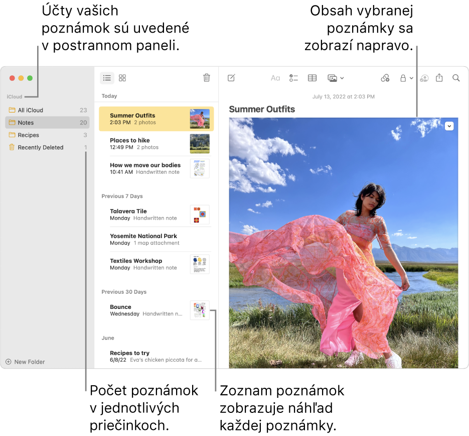 Okno Poznámky so všetkými nakonfigurovanými účtami a priečinkami zobrazenými v postrannom paneli naľavo, zoznam poznámok v strede zobrazujúci náhľad každej poznámky a obsah vybranej poznámky zobrazený napravo. Počet poznámok sa zobrazí vedľa každého priečinka.