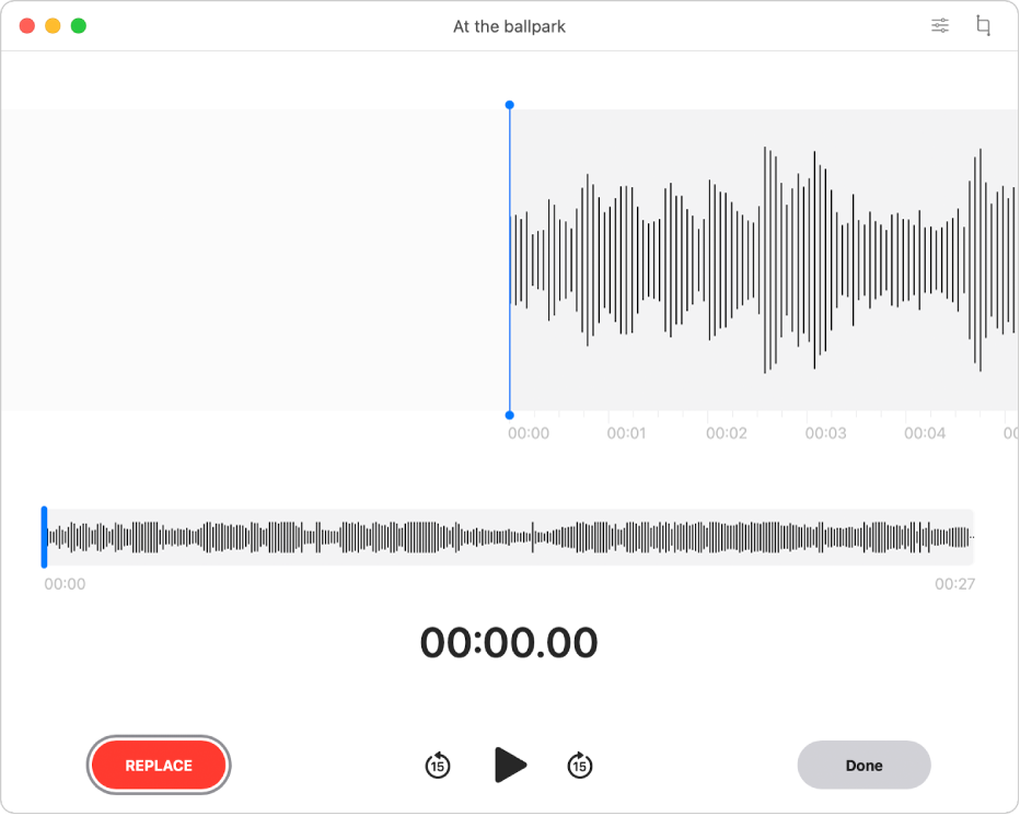 A Voice Memos recording. The playhead is the blue vertical line in the lower waveform overview.