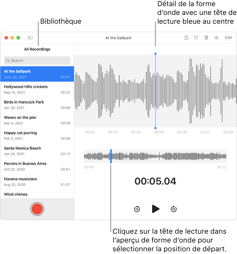 L’app Dictaphone affichant les enregistrements dans la bibliothèque à gauche. L’enregistrement sélectionné s’affiche à droite de la liste, en tant que détail de forme d’onde avec une tête de lecture bleue en son centre. L’aperçu de la forme d’onde se trouve en dessous de l’enregistrement.