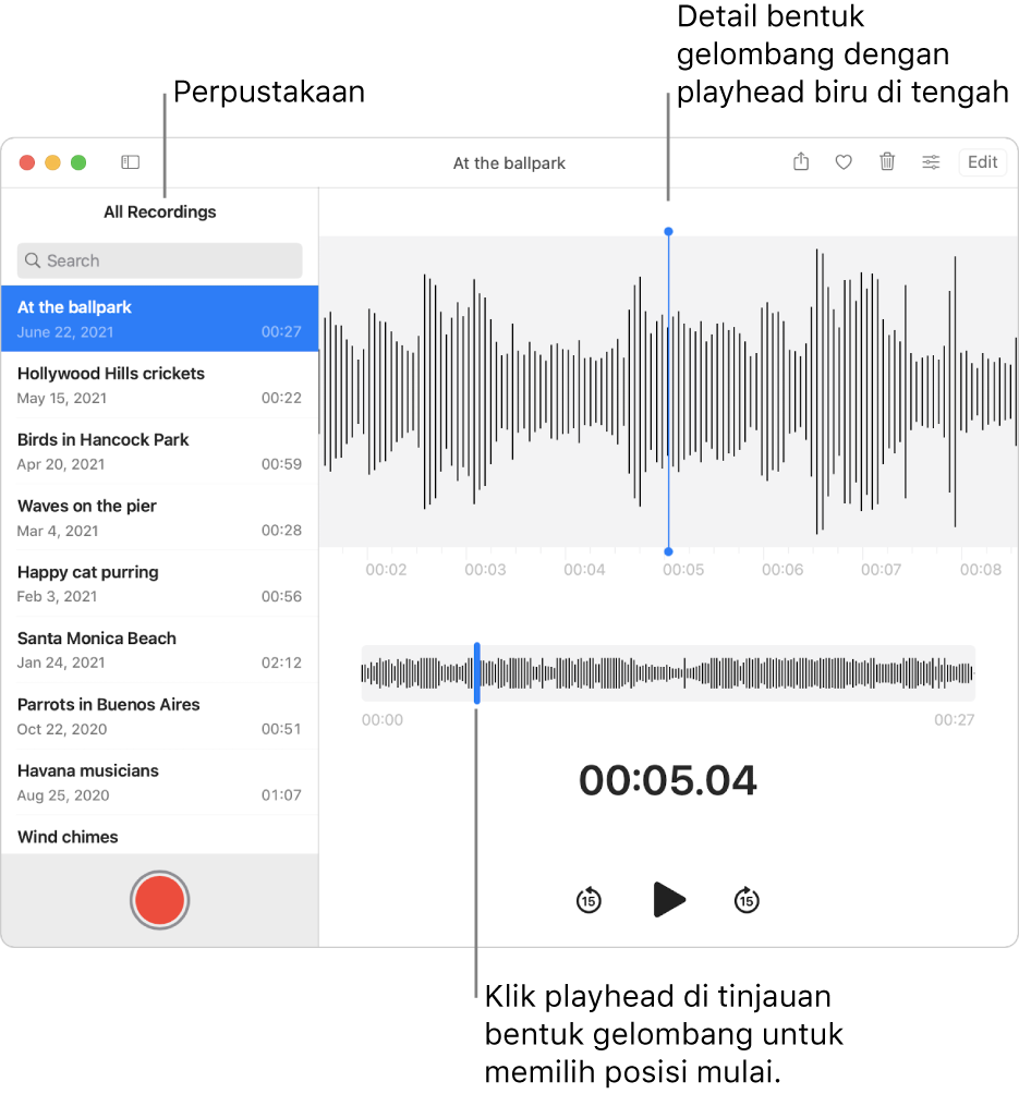 App Memo Suara menampilkan rekaman di perpustakaan di sebelah kiri. Rekaman yang dipilih muncul di jendela di sebelah kanan daftar, sebagai detail bentuk gelombang dengan playhead biru di tengah. Di bawah rekaman terdapat tinjauan bentuk gelombang.