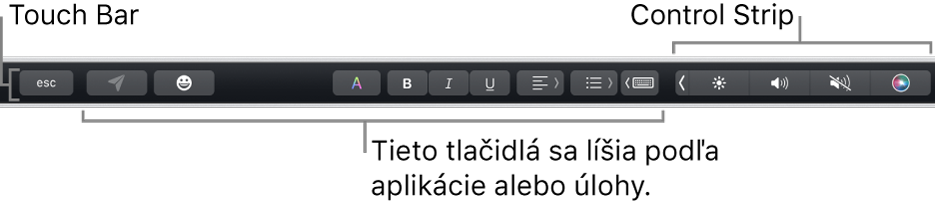 Touch Bar v hornej časti klávesnice so zbaleným Control Stripom na pravej strane a tlačidlami, ktoré sa líšia v závislosti od apky alebo úlohy.