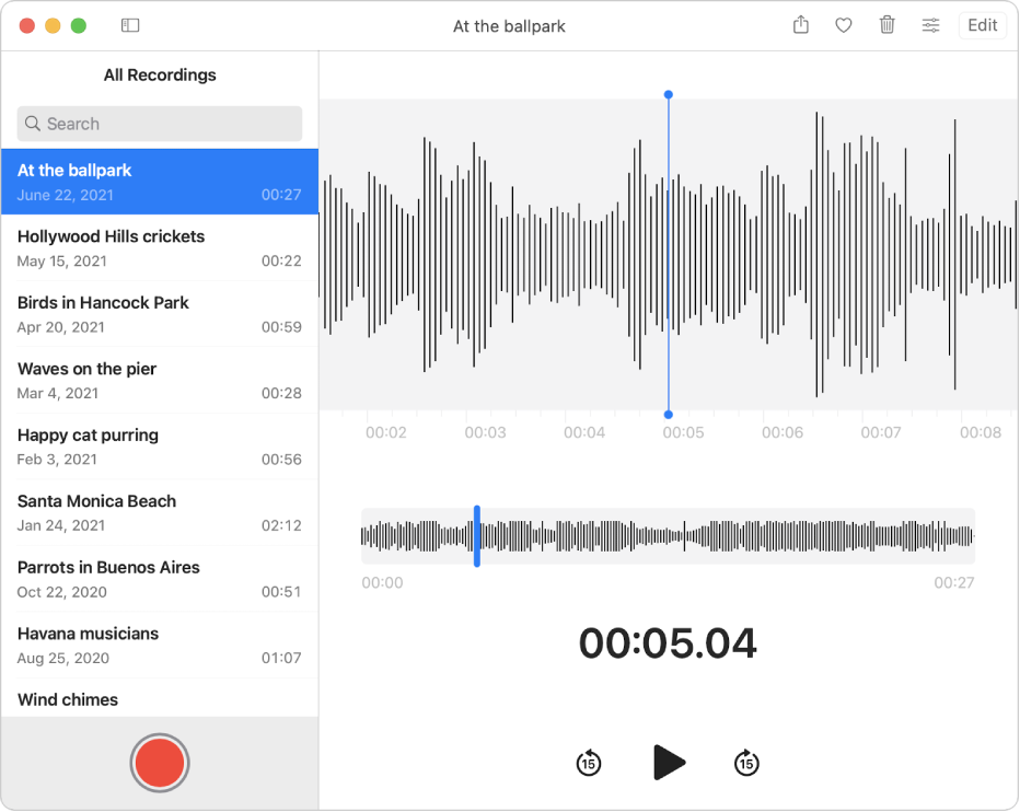 「語音備忘錄」視窗，其中顯示左下角的「錄音」按鈕。