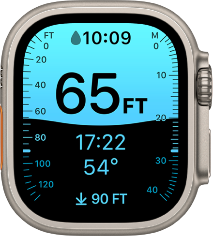 The Depth app showing depth, time underwater, water temperature, and the maximum depth of the dive. The left side shows markers indicating feet in increments of twenty from zero to 120. The right side shows markers indicating meters in increments of ten, from zero to 40.