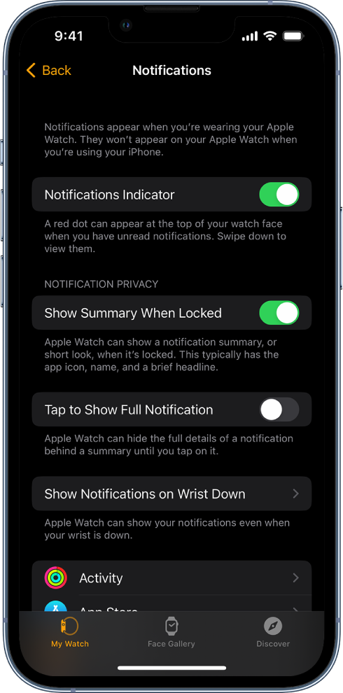 The Notifications screen in the Apple Watch app on iPhone, showing sources of notifications.