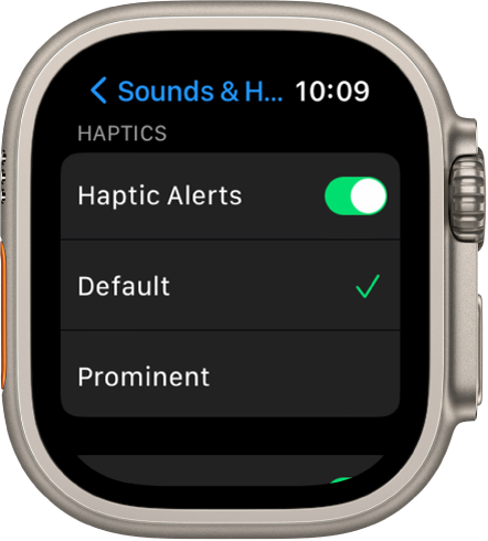 Sounds & Haptics settings on Apple Watch, with the Haptic Alerts switch, and Default and Prominent options below it.