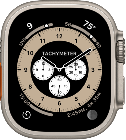 The Chronograph watch face, where you can adjust the face color and details of the dial. It shows four complications: UV Index at the top left, Weather Temperature at the top right, Timers at the bottom left, and Moon Phase at the bottom right.