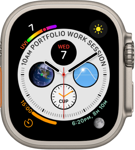 The Infograph watch face showing complications in each corner and four subdials in the middle.