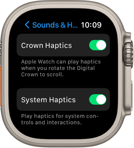 The Crown Haptics screen, showing the Crown Haptics switch turned on. The System Haptics switch is below.