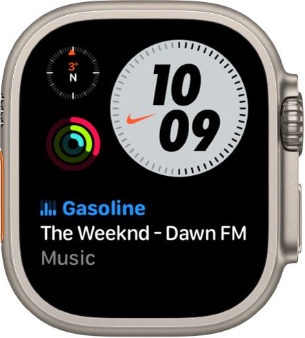 The Nike Compact watch face showing a Compass complication at the top left, the time at the top right, the Activity complication at the middle left, and the Music complication at the bottom.
