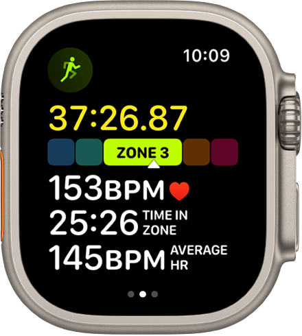 A running workout in progress shows the workout’s elapsed time, the zone you’re currently in, heart rate, time in zone, and average heart rate.