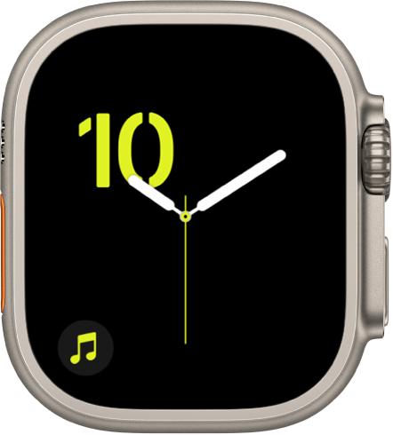 Numerals watch face showing the stencil typeface in green and a Music complication at the bottom left.