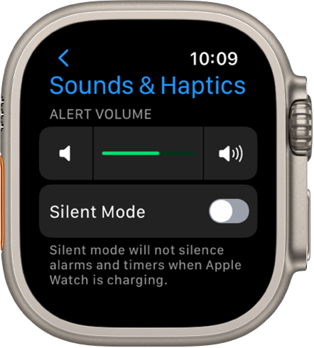 Sounds & Haptics settings on Apple Watch, with the Alert Volume slider at the top, and the Silent Mode switch below it.