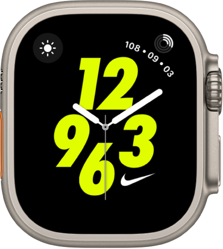 The Nike Analog watch face with the Weather Conditions complication at the top left and the Activity complication at the top right. In the center is an analog watch face.