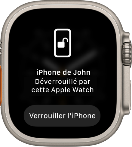 L’écran de l’Apple Watch affiche les mots « iPhone de Gilles déverrouillé par cette Apple Watch ». Le bouton Verrouiller l’iPhone se trouve ci-dessous.