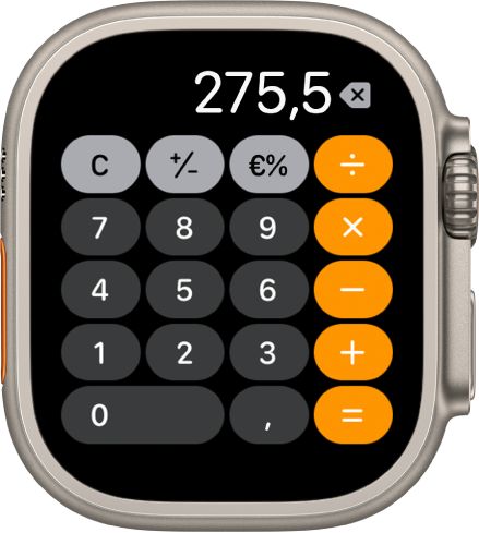 Apple Watch montrant l’app Calculette. L’écran affiche un pavé numérique classique et des fonctions mathématiques sur la droite. Vers le haut se trouvent les boutons C, plus ou moins et pourboire.