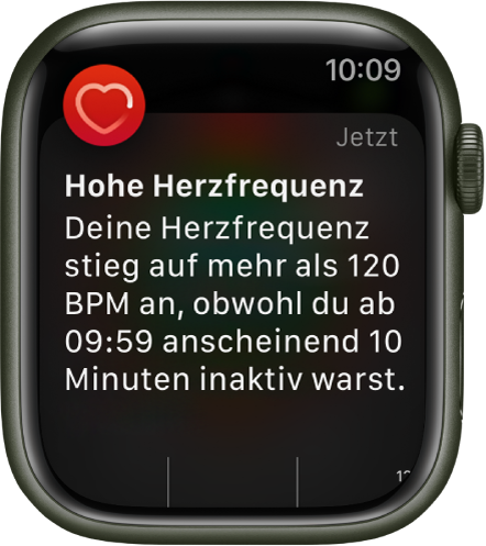 Die Anzeige „Hohe Herzfrequenz“ mit einem Hinweis, dass die Herzfrequenz während einer 10-minütigen Inaktivität über 120 Schläge pro Minute gestiegen ist.