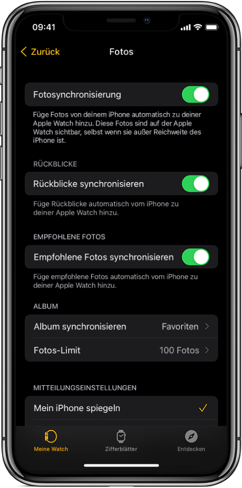 Einstellungen für „Fotos“ in der Apple Watch-App auf dem iPhone mit der Einstellung „Fotosync“ in der Mitte und der Einstellung „Fotos-Limit“ darunter.