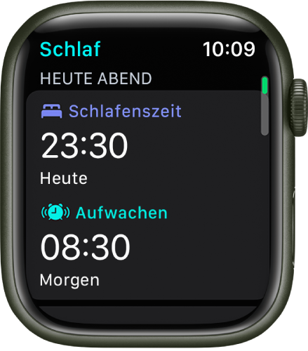 Die App „Schlaf“ auf der Apple Watch mit dem Schlafplan für den Abend. Oben wird „Schlafenszeit“ angezeigt, darunter befindet sich „Aufwecken“.