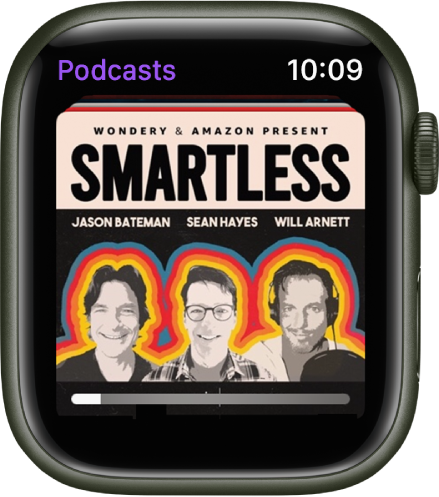 Die App „Podcasts“ auf der Apple Watch zeigt das Coverbild eines Podcasts. Tippe auf das Coverbild, um die Folge wiederzugeben.