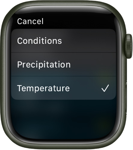 The Weather app showing three choices in a list—Conditions, Precipitation, and Temperature.