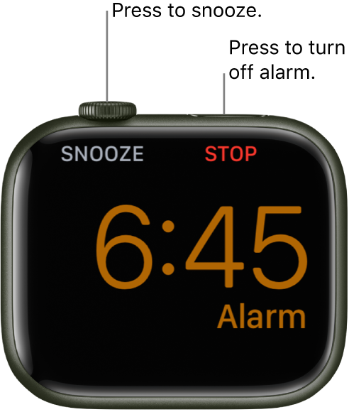 An Apple Watch placed on its side, with the screen showing an alarm that’s gone off. Below the Digital Crown is the word “Snooze.” The word “Stop" is below the side button.