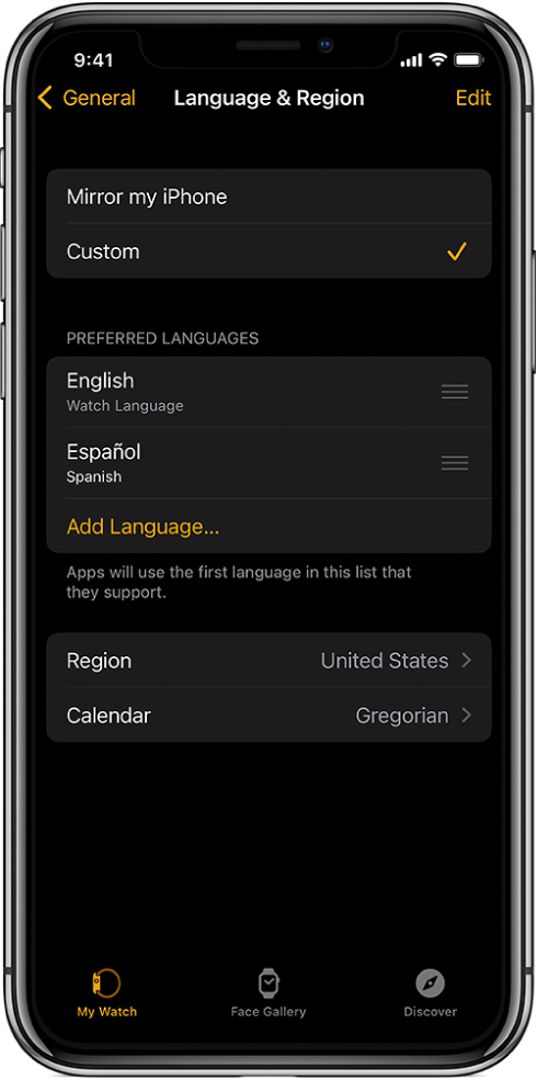 The Language & Region screen in the Apple Watch app, with English and Spanish appearing below Preferred Languages.